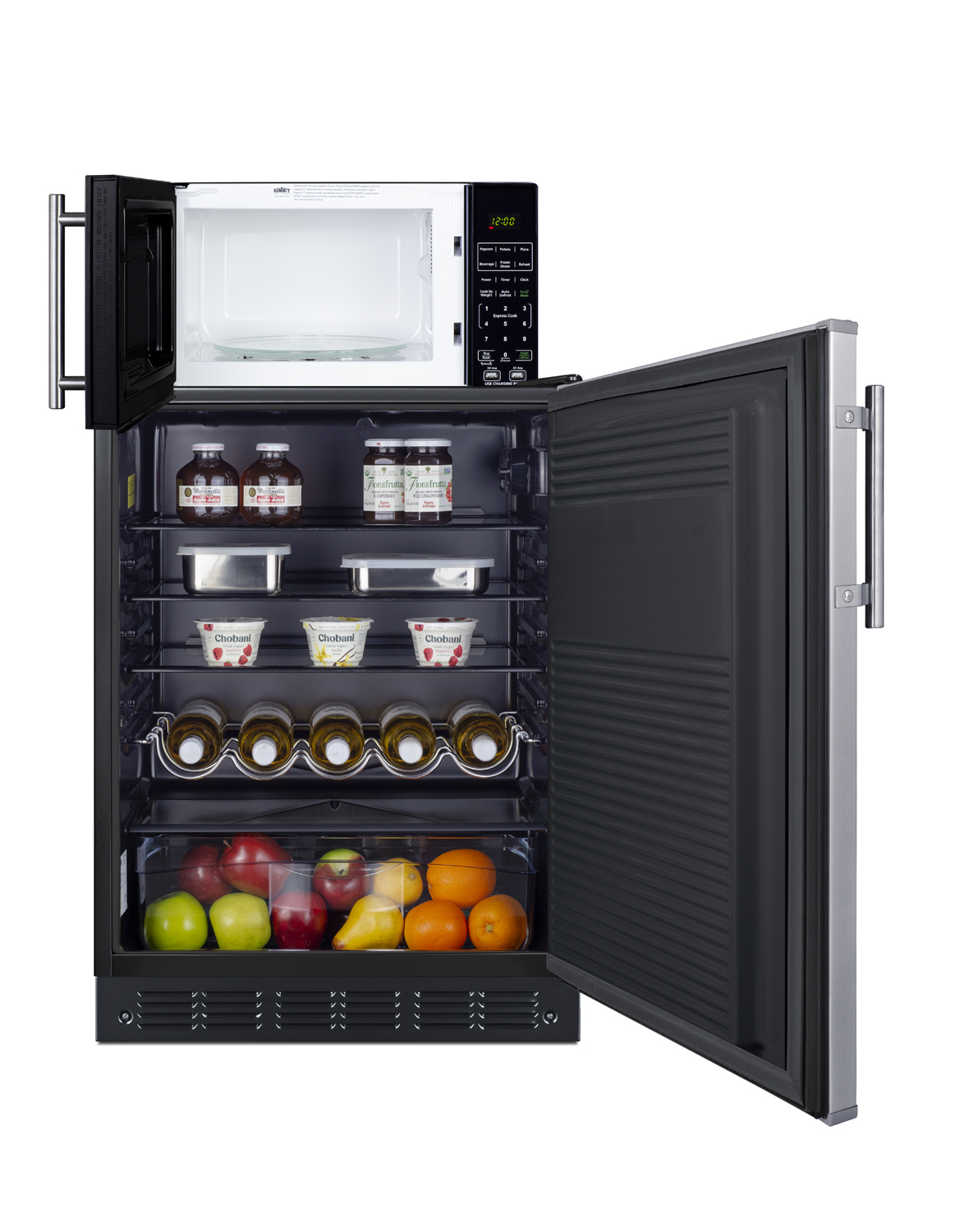 Counter height all-refrigerator with stainless steel door and compact microwave in black with allocator and USB ports for 1-plug operation; ships in three boxes on one pallet